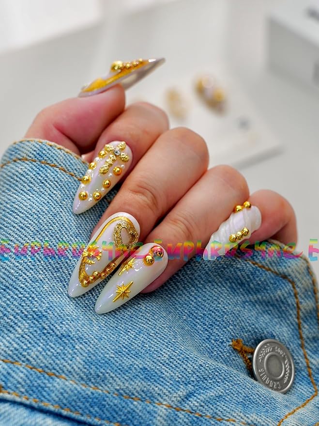 Euphrosyne 10pcs Long Oval Gold and White Press On Nails – Fake Nails with Stars, Hearts & Rhinestones | Glam Stick-On Nails for Christmas, New Year or Party Wear