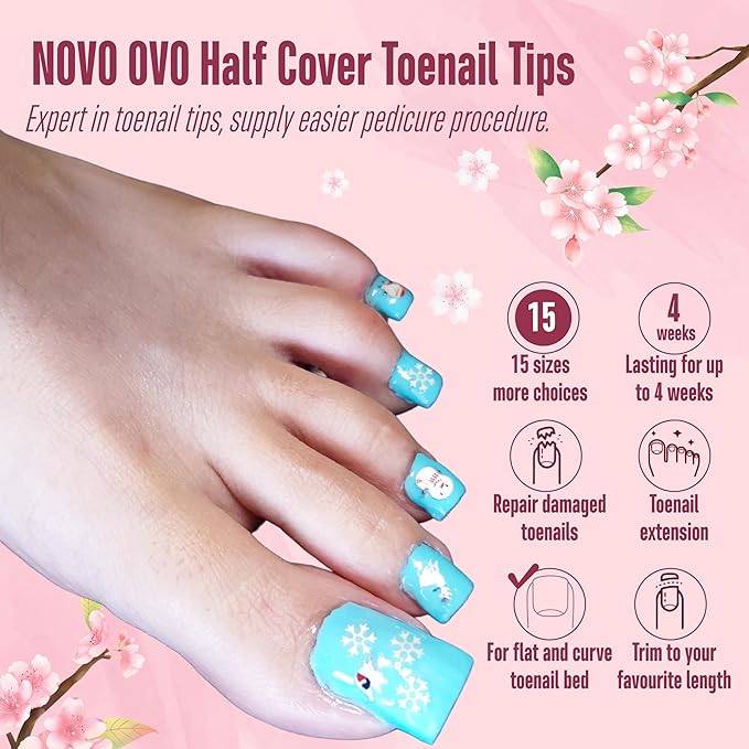 NOVO OVO Fake Toe Nail Tips Sharp Square Half Cover, Soft Gel Toenail Extension, Prefiled Clear Double Matte C Curve for Pedicure Acrylic Press on for Salon, Longtoes Claw Toenails x 15 Sizes 240 Pcs