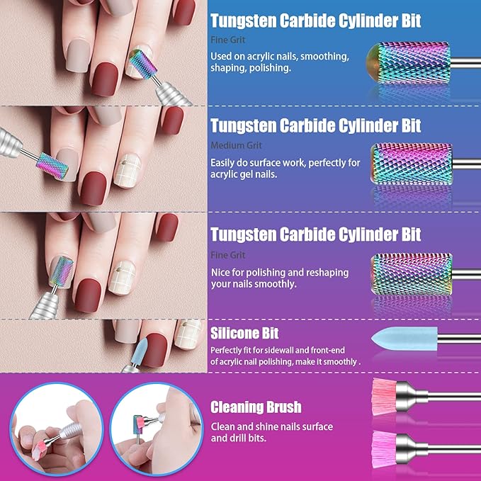 25Pcs Nail Drill Bits Set: 3/32 Tungsten Carbide Ceramic Diamond Cuticle Safety Professional Drill Bits Nail Tech with Pink Holder Case & 50Pcs Sanding Bands for acrylic gel Remover Manicure Pedicure