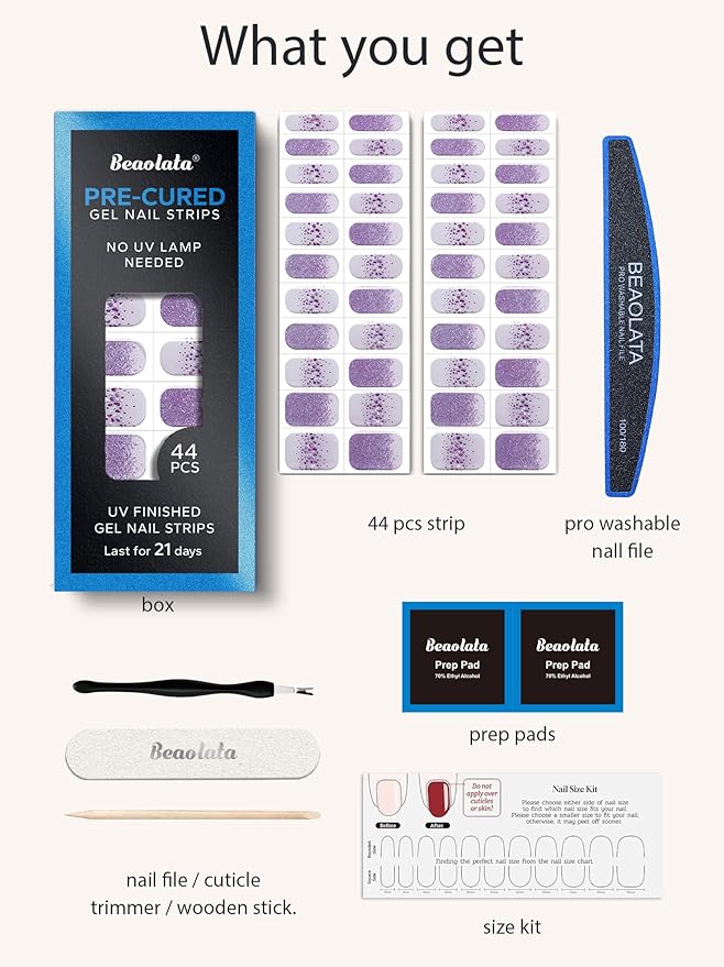 Real Gel Nail Strips (No UV Light Needed) - 44Pcs Salon Quality Nail Stickers - Long Lasting Polish Wraps for Women, Easy Apply & Remove (Galaxy Jewel Purple)