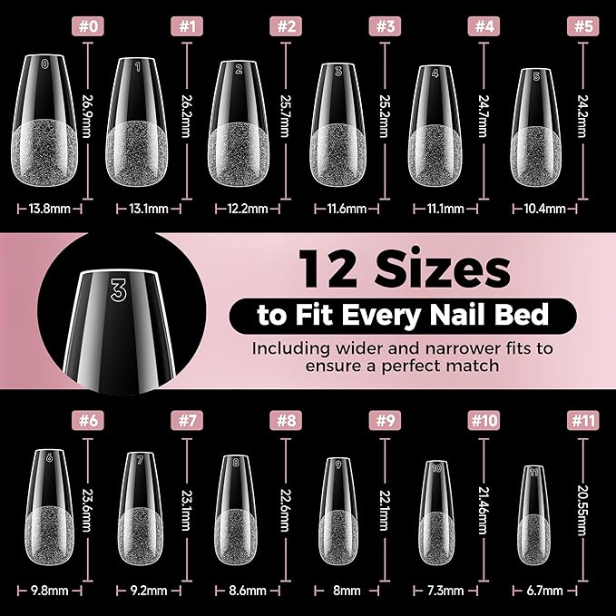Medium Gel Coffin Nail Tips, 240pcs Soft Gel Pre-Shaped Acrylic Fake Nails, Half Matte Full Cover Clear Press on Flase Nail Tips for Extension Nail Manicure Home DIY 12 Sizes Gelly Tips