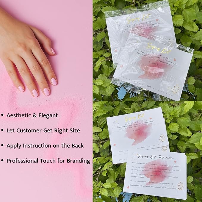 Press On Nails Sizing Kit Cards for Nail Business — 30 Pack Blank Size Chart Postcards, 5x7 Pink & Gold Foil, with Clear Bags, Press On Nail Business Supplies for Nail Tech