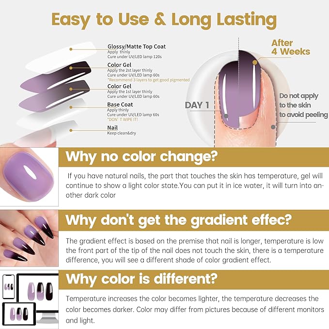 YTD Likomey Color Changing Gel Nail Polish 2 Pcs Set,15ml Grayish Purple to Black Pure Color and Brocade Glitter Kit,Thermal Ombre Change Colors Manicure UV Varnish,WB2-05