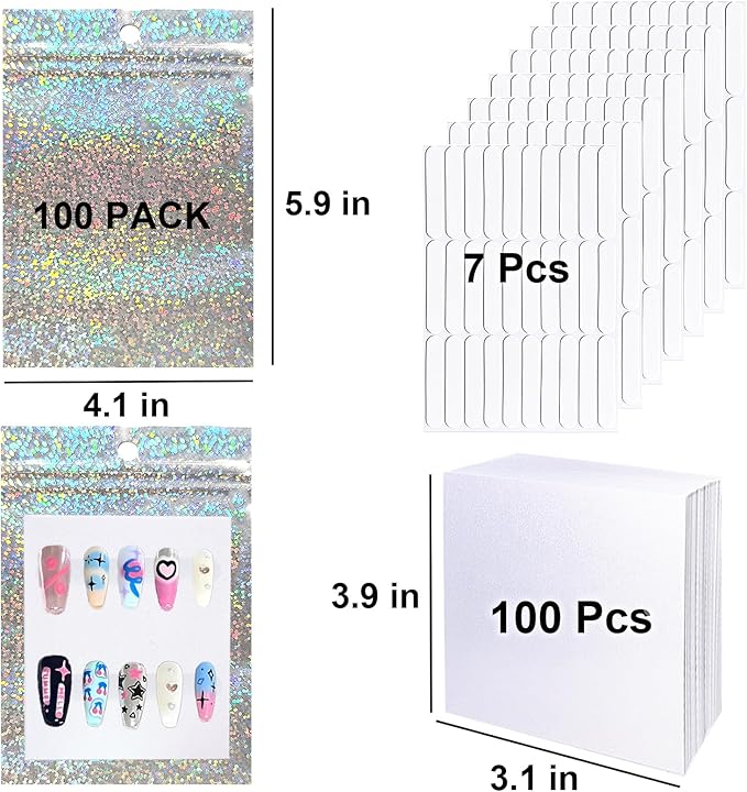 100 PCS Press On Nails Packaging Bag Holographic Nail Storage Bag and 100PCS Shiny White Pearl Card with 210 Pcs Pre-cut Nail Tape for Fasle Nail packaging Home Salon Business Use