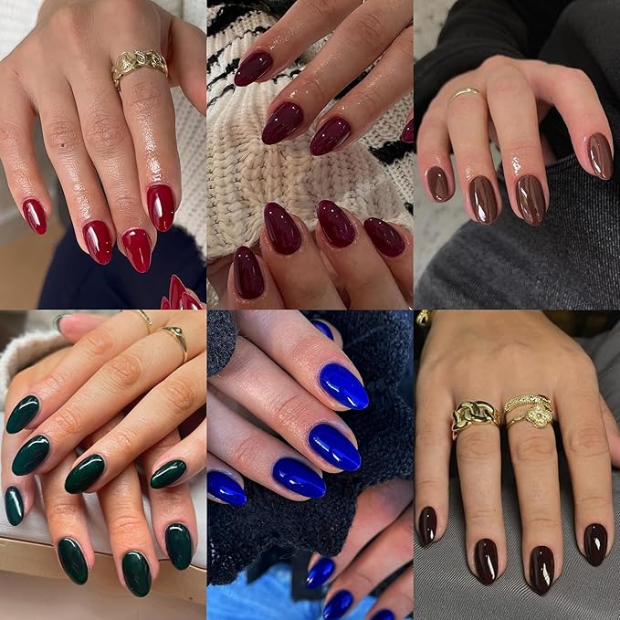6 Packs Press On Nails Short Oval, KQueenest Acrylic Press On Nails Almond Short, Short Fake Nails Press Ons, Dark Color Glue On Nails Short Round for Women Holiday Winter Gift 144 Pcs