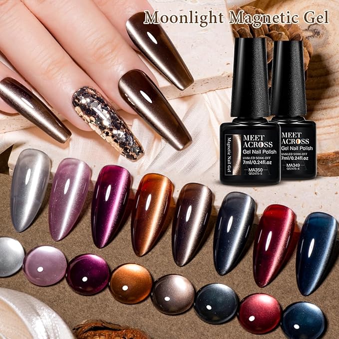 MEET ACROSS Cat Eye Gel Nail Polish Set 12 Pcs, Fall Winter Retro Magnetic Gel Polish, Pink Brown Blue Gray Green Magnetic Nail Polish with Base Top Gel Soak Off Nail Art Salon Manicure Home Gift