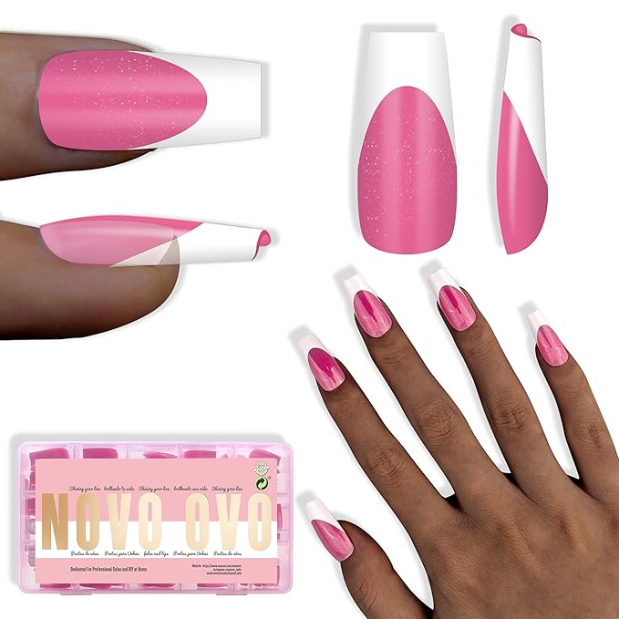 NOVO OVO White French Tip Coffin Nail Tips Press on, ROSE PINK, Extra Thick Medium Soft Gel Fake Nail Acrylic Extension, Need Builder Gel Top Coat, No Glue Included, for Salon DIY 15 Sizes x 240 pcs