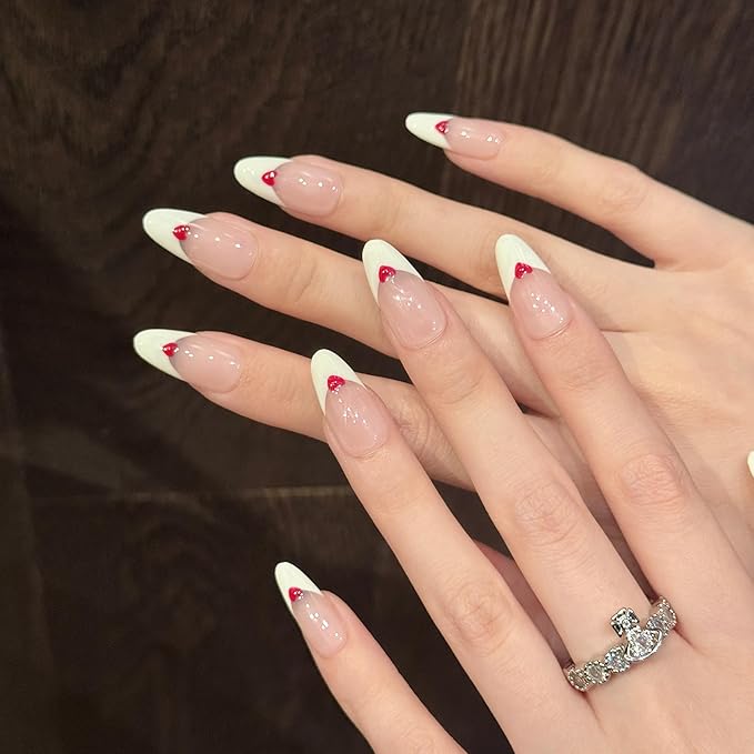 Valentine's Day Press on Nails with Red Heart - Medium Almond Fake Nails Full Cover Glossy, Classic White Edge Design French Tip Handmade False Nails(Creamy Heart French,M)