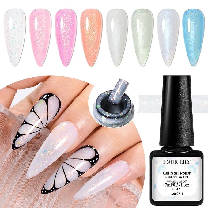 Rubber Base Builder Colors Set, Brocade Pink White Strengthener Builder Extension Gel Polish Pearlescent Off-white Blue Milky Soak Off UV LED Gel Nail Kit Manicure Gift