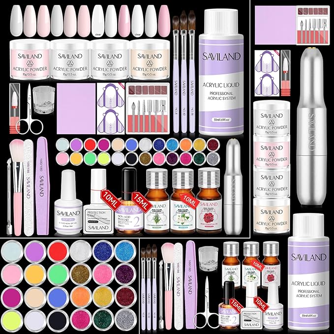 SAVILAND Acrylic Nail Kit with Drill & Essential Oil: Professional Acrylic Nails Kit for Beginner with Everything Nail Powder & Liquid Nail Primer Complete Home DIY Kit Salon Women Christmas Gift