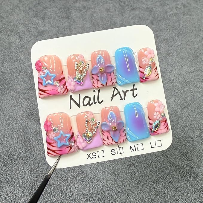 Luxury Press on Nails Short Duck Handmade 3D Unique Reusable ABS Material Fake Nails French Tip False Nails with Designs Stars Flower Butterfly Rhinestones Glossy Glue on Nail Thick Acrylic Nail(M)
