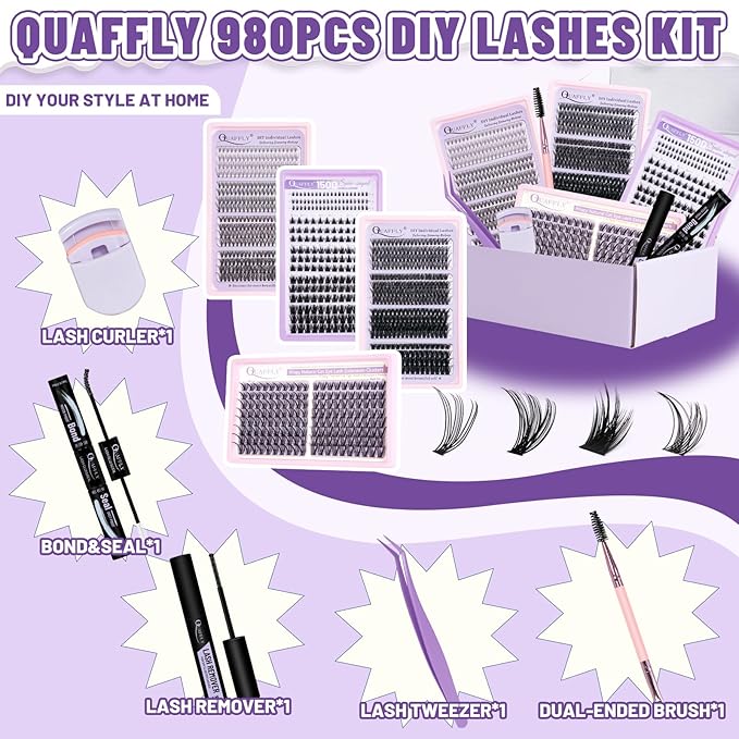 DIY Lash Extension Kit Natural Bottom Lashes 980Pcs Individual Eyelash Extension Kit with Lash Bond&Seal Remover Tweezer Dual-Ended Brush Lash Curler Easy to Use for Beginners