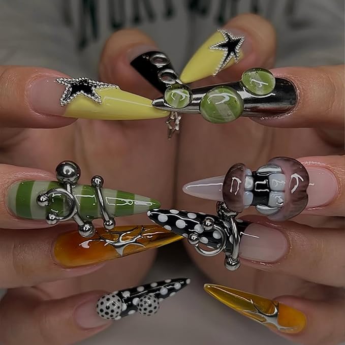 115 pcs Silver Punk Nail Art Kit - 15 Mixed Styles Edgy Charms Guns, Crosses, Hearts, Roses, Stars & Holographic Gems for Grunge, Rocker, Gothic Nail Designs