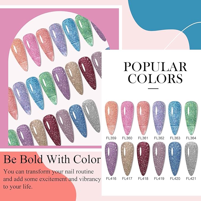 Reflective Glitter Gel Polish Set, 12 Colors Silver Pink Sparkly Glitter Shimmery Gel Polish Shiny Disco Soak Off Gel Nail Polish Nail Art Manicure Salon DIY at Home Gifts for Women Girls