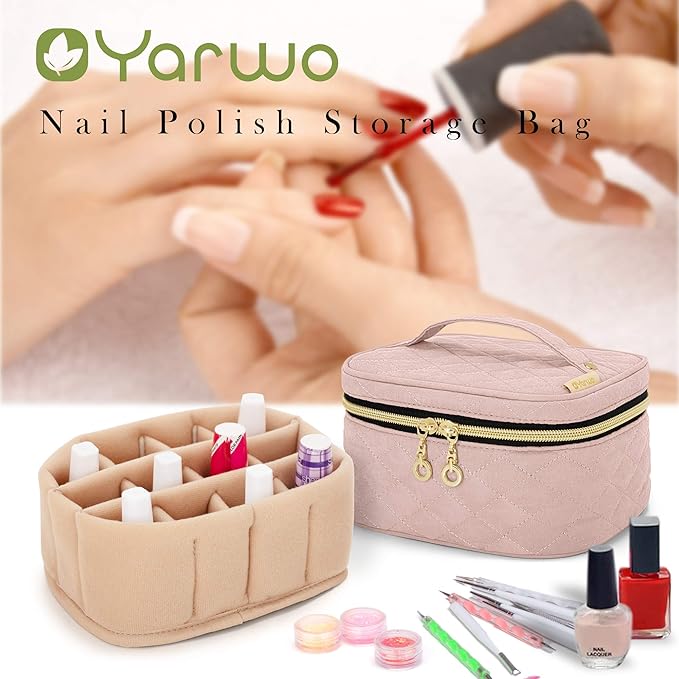 Yarwo Nail Polish Organizer Bag Holds 12 Bottles (15ml/0.5 fl.oz), Travel Carrying Case for Nail Polish and Manicure Kit, Dusty Rose (Bag Only, Patent Pending)