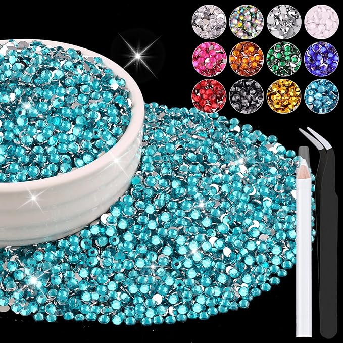 12000PCS 2mm Resin Rhinestones Bulk for Crafting (Indicolite), Flatback Bedazzling Crystals for Crafts DIY Nail Decoration, Gems Charms for Tumbler Shoes Clothing Fabric with Pickup Pen and Tweezers