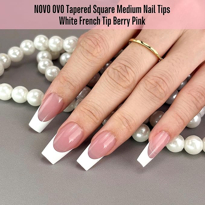 NOVO OVO White French Tip Medium Coffin Nail Tips Press on, BERRY PINK, Extra Thick Soft Gel Fake Nail Acrylic Extension, Need Builder Gel Top Coat, No Glue Included, for Salon DIY 15 Sizes x 240 pcs