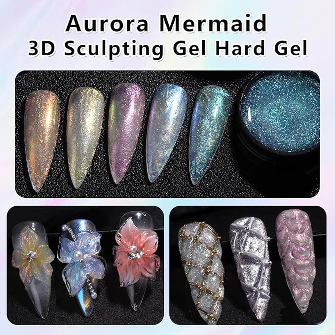 Solid Builder Gel for Nails, 6 Colors Clear and Aurora Mermaid 3D Sculpting Gel Non-Sticky Molding Hard Gels Extension Glue with Silicone Carving Pen Manicure DIY Salon Home