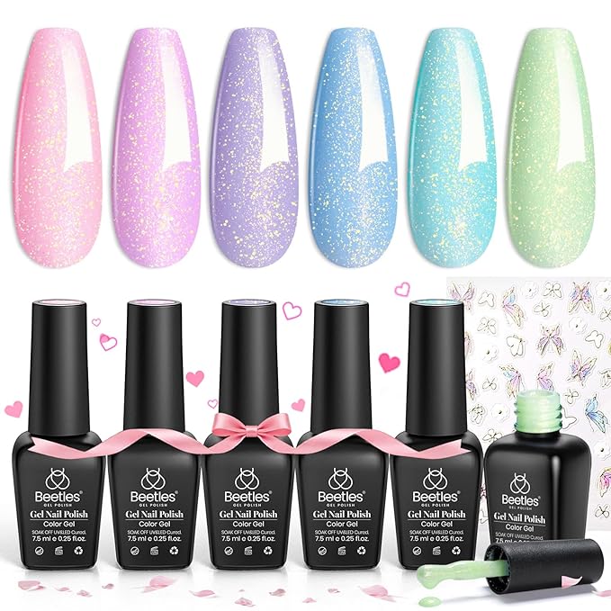 Beetles Spring Gel Nail Polish Set - 6 Colors Shimmer Pink Green Purple Glitter Blue Glitter Mermaid Pastel Nail Gel Drawing Soak Off Uv Led Needed with Pastel Sticker Gift for Women
