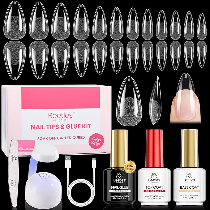 Beetles Gel Nail Kit Etch-X, Almond Medium, 288pcs 12 Sizes Nail Tips, 3Pcs 15ml HEMA-Free Nail Glue Top Coat & Base Gel Set, with Mini Lamp, Press On Nail, Long Lasting Extension DIY Set at Home