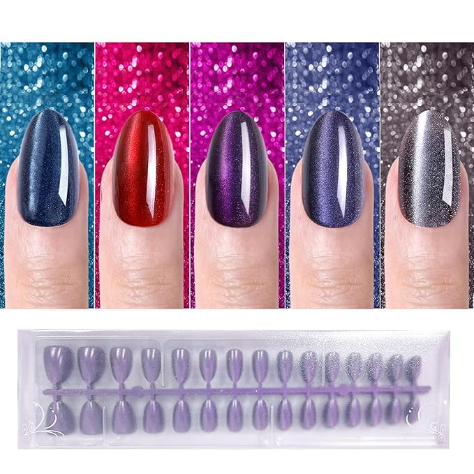 Glittering Cat Eye Press on Nails Short Almond, OPkssnails 150pcs Cat Eye Soft Gel Fake Nails, Acrylic Nail Tips for Women and Girls, Fit Perfectly & Natural Reusable on Nails in 15 Sizes