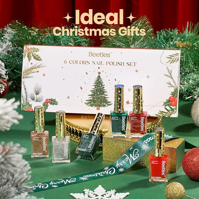 Beetles Nail Polish, 6 Colors Quick Dry Nail Polish Glossy Glitter 7.5ml /0.25 Fl Oz Red Green Gold Silver for New Year Nail Art Manicure DIY at Home Gifts for Women