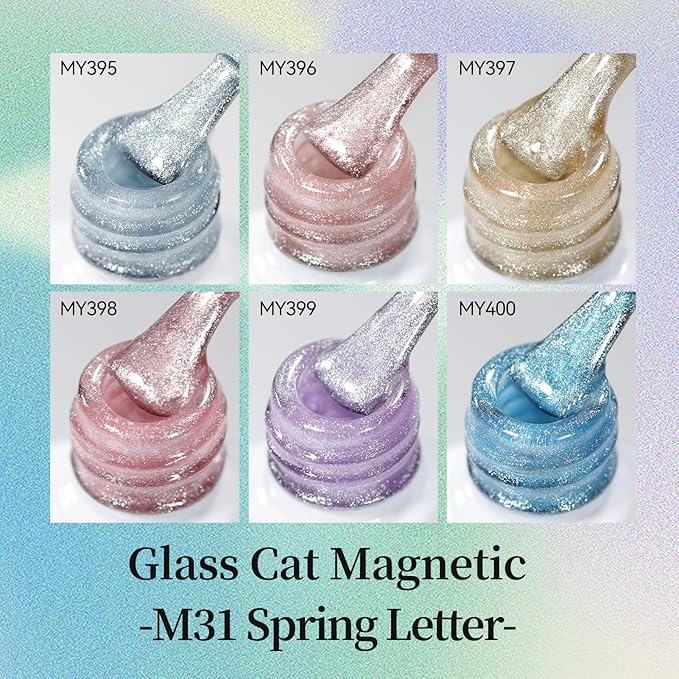 Born Pretty Spring Summer Cat Magnetic Eye Gel Nail Polish Set, 6 Colors Water Light Jelly Pastel Shimmer Glitter Glass Crystal Magnetic Gel Polish, Soak Off U V Gels for Salon DIY 7ML