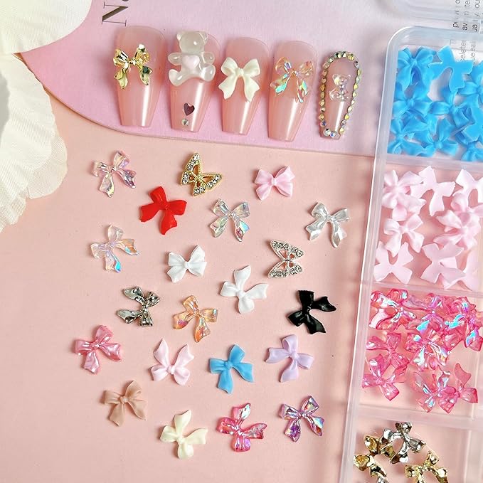 Bow Nail Charms and Gems Kit, 3D Color Kawaii Bow Nail Art Charms Gold Hollow Butterfly Charms Set for Nails Accessories DIY Decoration with Pickup Tools