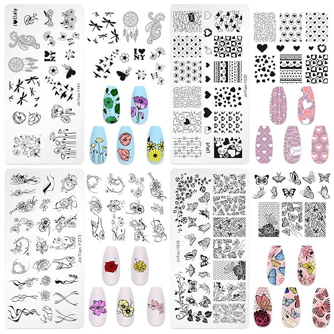 7pc Nail Stamping Plate Kit Butterfly Flower Heart Nails Stamp Plate Animal Nail Art Template Stencil Fingernail Polish Stamps Plates Set Silicone Stamper Scraper French Tips Nails Design Tools