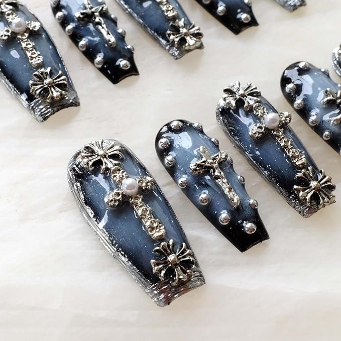 Gothic Press-On Nails, Long Ballerina Shape, Blue with Chrome and Pearl Accents, Handmade False Nail 10 Pieces (Small, LS)