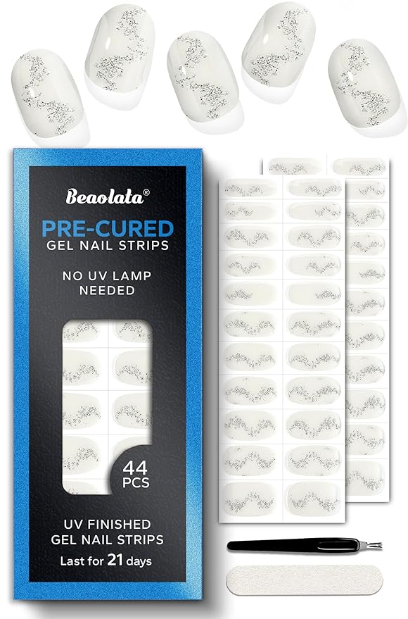 Pre Cured Gel Nail Strips - 44PCS Salon Quality Gel Nail Stickers - Long Lasting Polish Wraps for Women no UV Light Needed Easy Apply & Remove (Midnight White)