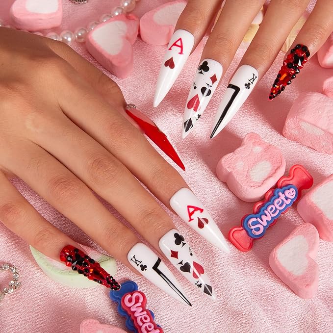 LOVFUL Press on Nails Poker Queen | Handmade with Full Covered Crystals | Reusable Fake Nails | Stiletto Mid Length 1.7 in | H102-L