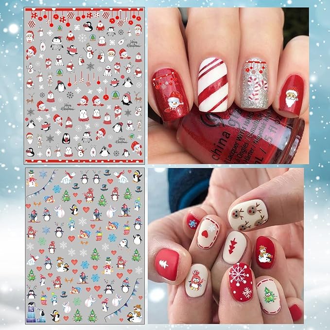 TailaiMei Christmas Nail Decals Stickers, Self-Adhesive Nail Art Decorations, Design for Santa Claus Snowflake Snowman (1366 Pcs, 12Sheets)