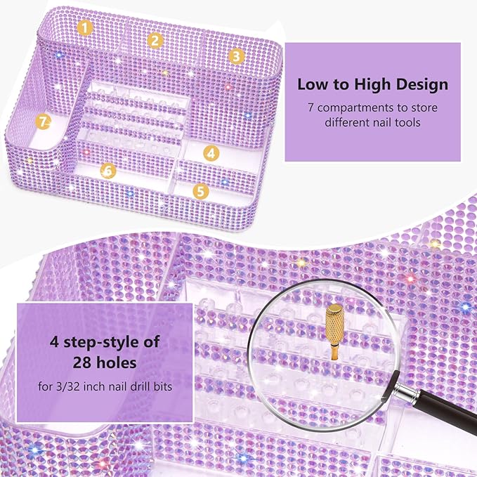 CGBE Nail Drill Holder, 28 Holes Drill Bit Holder for Nails, Professional Nail Tool Organizer, Nail Desk Organizer for Nail Tech, Nail Salon DIY Use - Diamond Purple (Not Including Nail Drill Set)