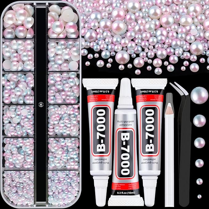 Flatback Pearls for Crafting with 3Pcs 10ml B7000 Jewelry Glue, 1 Box of Half Round Pink Mermaid Pearls, Bedazzling Beads for DIY Crafts Clothing Tumblers Shoes Embellishment Nail Art