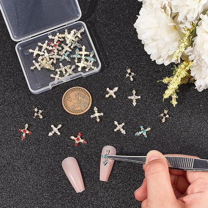 CRASPIRE 36Pcs 6 Colors Cross Nail Charms 3D Y2K Metal Alloy Rhinestone Flat Luxury Gems Set Gothic Vintage Punk Studs Decor for Women Art Crafts DIY Jewelry Christmas Decorations Cellphone
