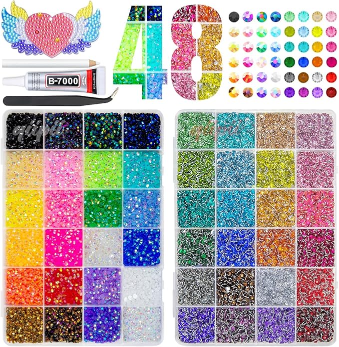 48 Color 4mm Jelly AB & Crystal Colorful Resin Rhinestones for Bedazzling Crafting SS16 Flatback Stones Gems Diamonds Charms for Nails Eyes Face Makeup Beauty Tumblers Bottles DIY Crafts Shoes