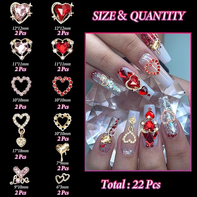 220 Pcs Gold Bow Heart and Acrylic Nail Art Charms, Love Nail Rhinestone and Gems, Pink Red Hearts Bowknot Junk Case Charms for Y2K Nail Art Manicure Design