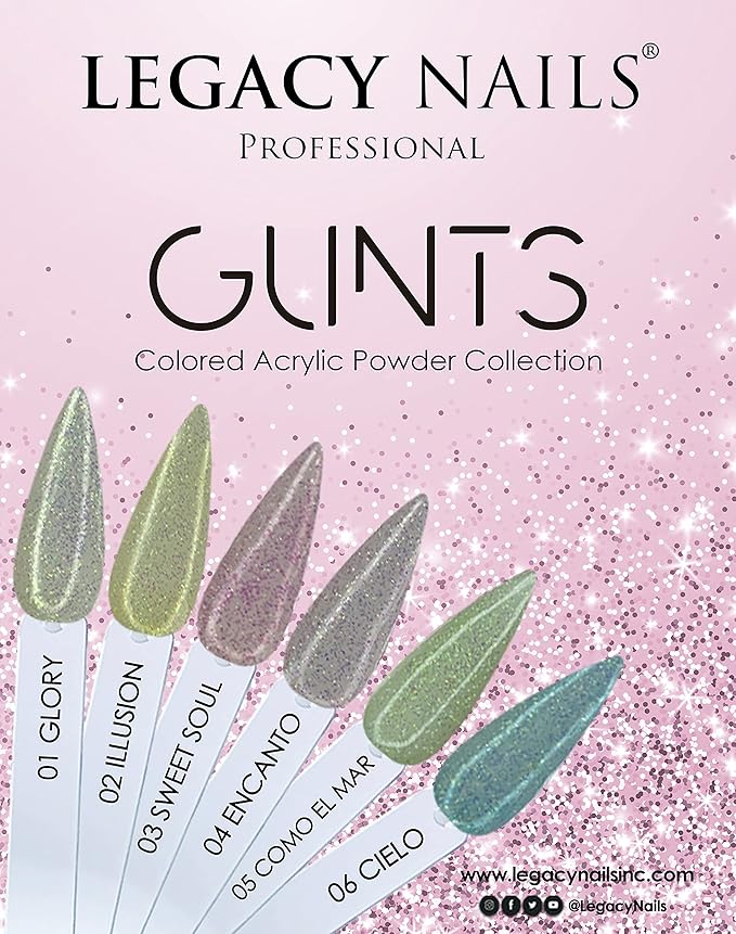 Legacy Nails Professional COLLECTION Acrylic Powder Kit 6 Colors Nail Art Set for Manicure DIY for Dip & Acrylic Nail Extensions (GLINTS COLLECTION)