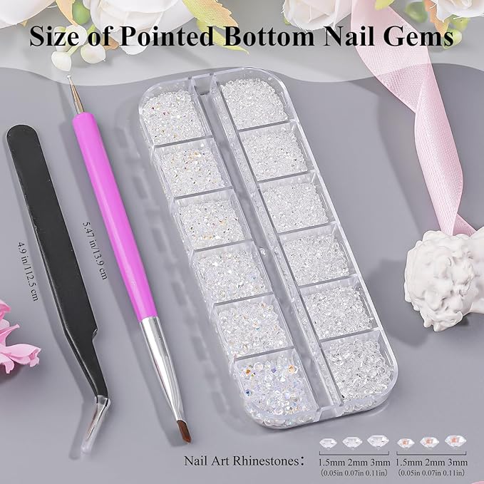 6800Pcs White AB Resin Rhinestones, 1.5mm 2mm 3mm Pointed Bottom Crystals Stones Diamonds Nail Gems Bedazzler Kit with Pickup Tools for Nails Face Eyes Makeup Tumblers Crafts (25-K1-pointed-white)