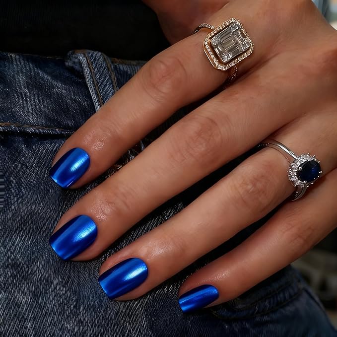 Chrome Press on Nails Short Square, Metallic Royal Blue Fake Nails with a Sparkle Mirror Finish, Glitter Glue on Nails for Women Birthday Party, Thick Quality Soft Gel Nail Press ons 30 Pcs