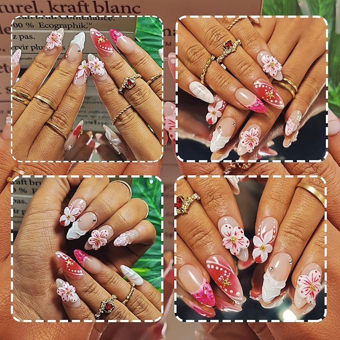 Handmade Acrylic Press On Nails Almond, Red Press On Nails Medium, Flower 3D Nails French Tip Star Bubble Preal For Women Gift, Reusable Stick On Fake Nails Kit With Nail Glue (Romantic Floral-M)