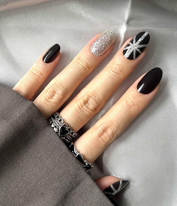 Nail Polish Strips (No UV Lamp Needed) - 22 Pcs Salon Quality Gel Nail Stickers - Long Lasting Wraps (Saint Black Glitter)
