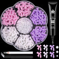 120 Pcs 3D Nail Bow Charms + 2-4mm Nail Pearls Set 9, Pink White Lilac Bow Nail Charms and White Flatback Pearls with Nail Charm Glue Gel(UV Needed) and Pickup Tools for Nail Art Decoration
