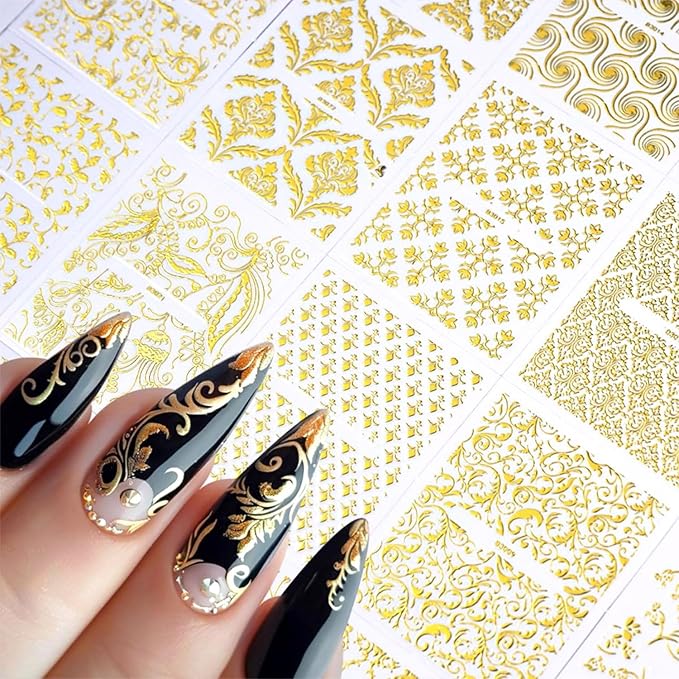 30 Sheets Gold Art Stickers Decals 3D Self-Adhesive Lace Decals Retro Flower Designs Nail Supplies Summer Nail Decoration DIY Nails Accessories for Women
