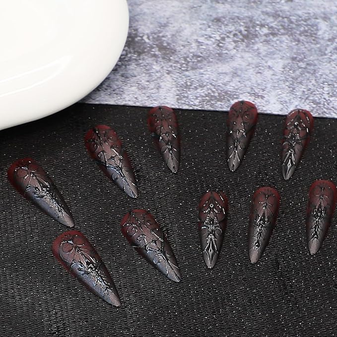 Gothic Press on Nails - Halloween Fake Nail | Dark Red Stiletto Acrylic Nails with 3D Stripe Designs,Reusable Stick on Nail for Women Girls| Halloween Manicure - 24Pcs
