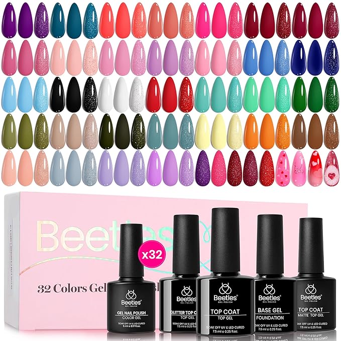 beetles Spring Gel Polish Set - Fingertip Palette, 32 Colors Valentines Polish Set with Base Top Coat Pink Red Blue Purple Brown Yellow Green Black White Uv LED Lamp Nails Gifts for Women