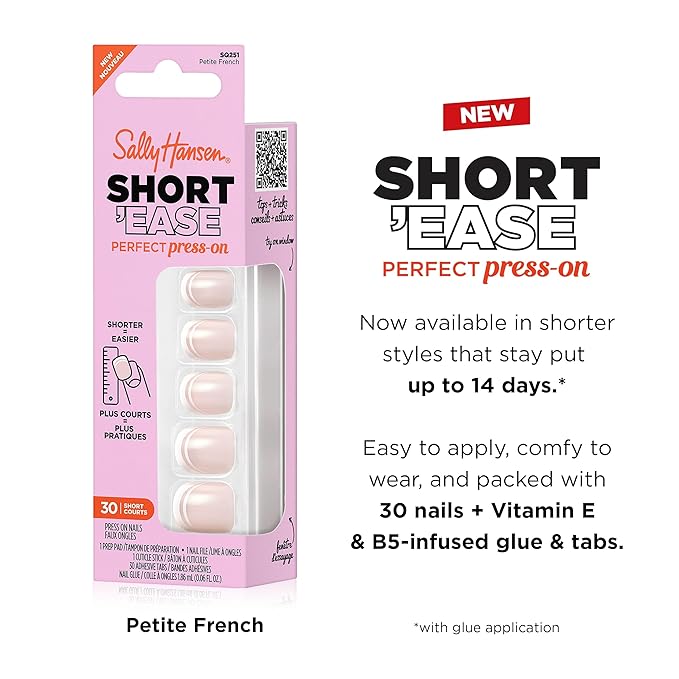 Sally Hansen Salon Effects Perfect Press-On Short'Ease Nails | Square Shape | Easy to Apply, Non-Damaging, Natural Look Vitamin E & B5 | 30 Nails, Nail Glue, Adhesive Tabs, File| Petite French