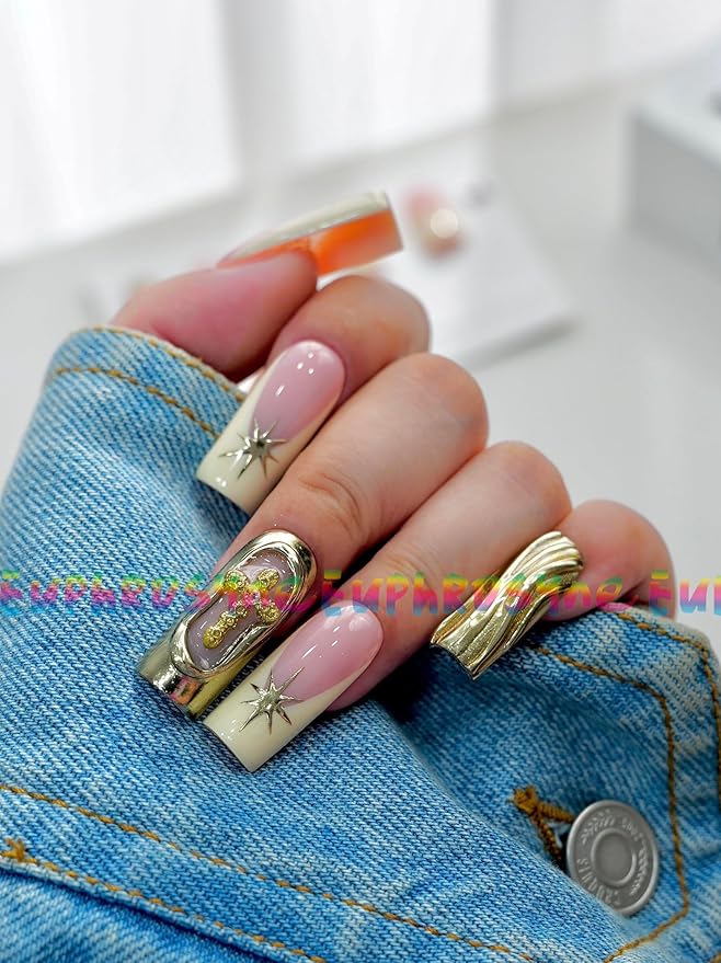 Euphrosyne Luxury Press On Nails – 10pcs Long Square Nude Pink Fake Nails with Gold 3D Star Charms & Baroque Relief Design | Glam Stick-On Nails for Women, Retro Nail Art for Party & Fashion Look
