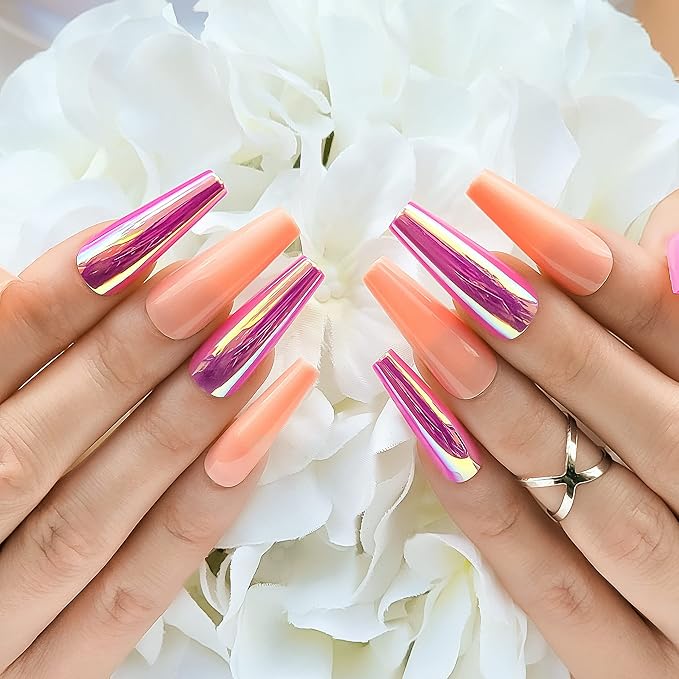 Hypnaughty 24 Pcs Raspberry Golden Chrome & Peach Extra Long Coffin Press On Nails and Glue Reflective Mirror XL False Nails (Raspberry Golden Chrome & Peach)